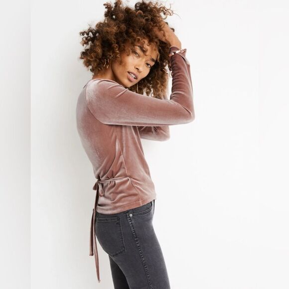 Madewell Warm Ash Velvet Ballet Wrap Top, Size Large - Picture 3 of 10
